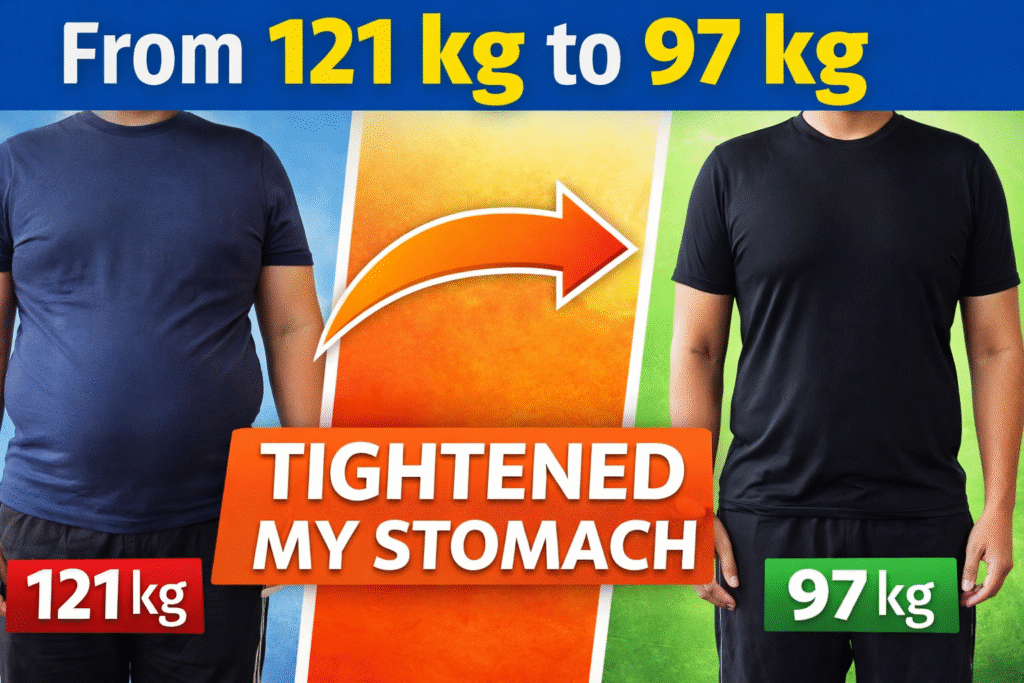 Real weight loss journey showing stomach tightening after losing weight from 121 kg to 97 kg