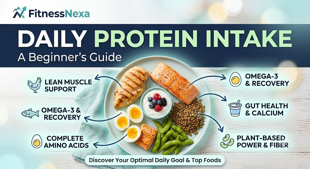 Daily protein intake beginner guide infographic showing healthy protein foods